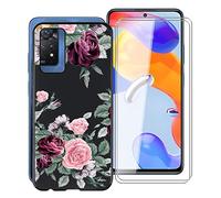 KJYF YQ12 Protective Case Black Bumper TPU Cover + 2 Pieces Screen Protector for Redmi Note 11 Pro 5G (6.67 Inches), Tempered Glass Film + Silicone Shell Case Mobile Phone Case