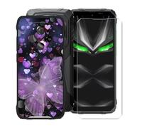 KJYFOANI for Blackview Fort 1 (6.56") Phone Case with Tempered Glass Screen Protector, Black Soft Silicone Shockproof Shell, Anti-Scratch Back Cover for - Purple Butterflies