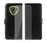 KJYFOANI For Cubot KingKong Mini 4 Wallet Case + Tempered Glass Screen Protector, Flip Folio Leather Cell Phone Cover with Credit Card Holder for Cubot KingKong Mini 4 (4.70") - Black