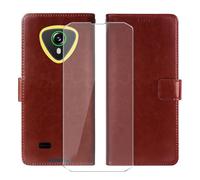 KJYFOANI For Cubot KingKong Mini 4 Wallet Case + Tempered Glass Screen Protector, Flip Folio Leather Cell Phone Cover with Credit Card Holder for Cubot KingKong Mini 4 (4.70") - Brown