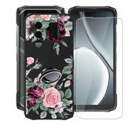 KJYFOANI for Doogee Blade20 Ultra (6.60") Case + 1 x Tempered Glass Screen Protector, Black Soft Silicone TPU Shockproof Shell, Ultra-Thin Back Cover with Ring Kickstand - Rose Flower
