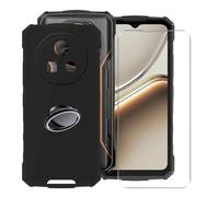 KJYFOANI for Doogee Fire 7 (6.56") Case + 1 x Tempered Glass Screen Protector, Black Soft Silicone TPU Shockproof Shell, Ultra-Thin Back Cover with Ring Kickstand - Black