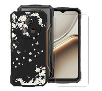 KJYFOANI for Doogee Fire 7 (6.56") Phone Case with Tempered Glass Screen Protector, Black Soft Silicone Shockproof Shell, Anti-Scratch Back Cover for - White Flowers