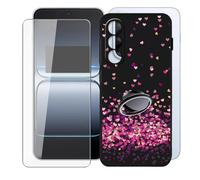KJYFOANI for OnePlus Nord 5 (6.83") Case + 1 x Tempered Glass Screen Protector, Black Soft Silicone TPU Shockproof Shell, Ultra-Thin Back Cover with Ring Kickstand - Pink Love