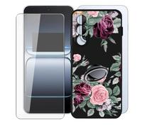 KJYFOANI for OnePlus Nord 5 (6.83") Case + 1 x Tempered Glass Screen Protector, Black Soft Silicone TPU Shockproof Shell, Ultra-Thin Back Cover with Ring Kickstand - Rose Flower