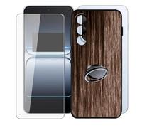 KJYFOANI for OnePlus Nord 5 (6.83") Case + 1 x Tempered Glass Screen Protector, Black Soft Silicone TPU Shockproof Shell, Ultra-Thin Back Cover with Ring Kickstand - Wooden Style