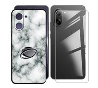 KJYFOANI for OnePlus Nord CE5 (6.77") Case + 1 x Tempered Glass Screen Protector, Black Soft Silicone TPU Shockproof Shell, Ultra-Thin Back Cover with Ring Kickstand - Marble