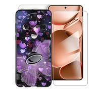 KJYFOANI for Oppo Find X8 Ultra (6.83") Case + 1 x Tempered Glass Screen Protector, Black Soft Silicone TPU Shockproof Shell, Ultra-Thin Back Cover with Ring Kickstand - Purple Butterfly