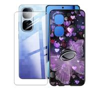 KJYFOANI for Vivo iQOO Neo10 Pro+ (6.82") Case + 1 x Tempered Glass Screen Protector, Black Soft Silicone TPU Shockproof Shell, Ultra-Thin Back Cover with Ring Kickstand - Purple Butterfly