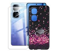 KJYFOANI for Vivo iQOO Neo10 Pro+ (6.82") Case + 1 x Tempered Glass Screen Protector, Black Soft Silicone TPU Shockproof Shell, Ultra-Thin Back Cover with Ring Kickstand - Pink Love