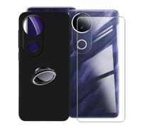 KJYFOANI for Vivo T4R (6.77") Case + 1 x Tempered Glass Screen Protector, Black Soft Silicone TPU Shockproof Shell, Ultra-Thin Back Cover with Ring Kickstand - Black