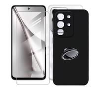 KJYFOANI for Vivo Y31 Pro 5G (6.72") Case + 1 x Tempered Glass Screen Protector, Black Soft Silicone TPU Shockproof Shell, Ultra-Thin Back Cover with Ring Kickstand - Black