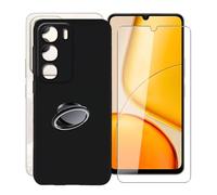 KJYFOANI for Vivo Y50e (6.74") Case + 1 x Tempered Glass Screen Protector, Black Soft Silicone TPU Shockproof Shell, Ultra-Thin Back Cover with Ring Kickstand - Black