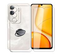 KJYFOANI for Vivo Y50e (6.74") Case + 1 x Tempered Glass Screen Protector, Transparent Soft Silicone TPU Shockproof Shell, Ultra-Thin Back Cover with Ring Kickstand - Claer