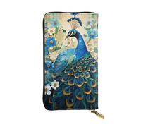 KKAFGBV Blue Peacock Standing Among Flowers Printed Leather Long Clutch â€“ Stylish and Slim with ID Window and Credit Card Compartment.