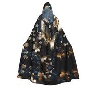 KKAFGBV Unisex Gold White Butterflies Black Printed Hooded Robe Cape - Perfect for Halloween, Christmas, Carnival, Disco Party and more.