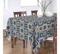 KKDJHfb 60"x90" Crochet Tablecloth - Coastal Boho Retro Granny Squares - Blue Cotton/Polyester Blend for Outdoor, Picnic, Camping, Patio, Kitchen, Dining Room