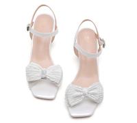 kkdom Womens Open Toe Ankle Strap Glitter Bow Heels Sandals Block Low Chunky Heels Wedding Bride Dressy Shoes, White, 7.5 UK