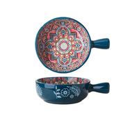 KKGUD 1 Pack Hand-Painted Ceramic Serving Bowl with Handle, 6 Inches Round Salad Bowl - Bohemian Pattern (Blue)