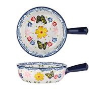 KKGUD 1 Pack Hand-Painted Ceramic Serving Bowl with Handle, 7.5 Inches Round Salad Bowl - Butterfly and Floral Pattern (Blue)