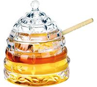 KKGUD Crystal Clear Glass Honey Jar with Dipper and Lid, 11oz Bee-hive Honey Pot for Counter or Table Decor