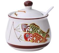 KKGUD Cute Sugar Bowl, Ceramic Condiment Pot- 2 Fishes Pattern, 320ml