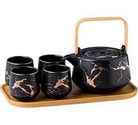 KKGUD Japanese Style Ceramic Tea Set, Elegant Teapot and 4 Teacups with Wood Tray for Afternoon Tea Home Decor Restaurant Tea Party - Marble Patterns (Black)