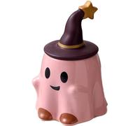 KKGUD Novelty Tea Cup, Ceramic 11oz Halloween Coffee Mug with Lid- Friendly Ghost (Pink)