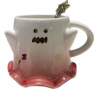 KKGUD Novelty Tea Cup, Ceramic 15.5oz Halloween Coffee Mug with Spoon- Scary Ghost (White+ Red)