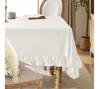 KKJIAF Ivory Velvet Tablecloth 60 x 120 Inch, Retro Farmhouse Ruffle Oblong Tablecloth Washable Table Cover for Wedding Buffet Parties Baby Shower Kitchen Decoration