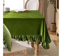 KKJIAF Olive Green Velvet Tablecloth 60 x 102 Inch, Retro Farmhouse Ruffle Oblong Tablecloth Washable Table Cover for Wedding Buffet Parties Baby Shower Kitchen Decoration