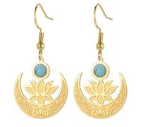 KKJOY Lotus Flower and Moon Earrings with Blue Stone Decoration Stainless Steel Lotus in Moon Dangle Earrings Yoga Inspirational Jewelry for Women Charming Ladies