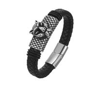 kkjoy Vintage Viking Black Braided Leather Bracelet Stainless Steel Leopard's Head Bangle Bold Urban Rocker Accessory Jewelry for Men