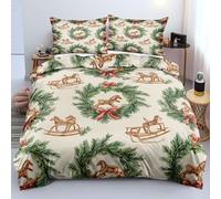 KKLDSD Christmas Duvet Cover Double - Rocking Horse & Wreath Bow Print, Reversible Festive Bedding Set Soft Microfiber Bedding Quilt Cover for Kids Boys Girls Bedroom Decor