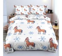 KKLDSD Christmas Horse Duvet Cover Double for Kids Girls Boys Teens Reversible Winter Festival Snowflake Bedding Set Cute Animal Decor Bedding Quilt Cover with Pillowcase,Blue/White B