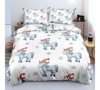 KKLDSD Christmas Horse Duvet Cover King for Kids Girls Boys Teens Reversible Winter Festival Snowflake Bedding Set Cute Animal Decor Bedding Quilt Cover with Pillowcase,Blue/White C