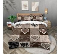 KKLDSD Cute Hearts Duvet Cover Single - Coffee Theme Check Plaid Bedding Set Love Patchwork Comforter Cover with Pillowcase, Soft Microfiber Bedspread for Kids Adult Bedroom Decor Single