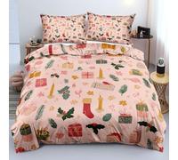 KKLDSD Pink Christmas Duvet Cover - Festivals Bedding Set Reversible - Christmas Stockings, Holly, Presents Printed - Cozy Microfibre Quilt Cover for Girls Daughter'S Gift