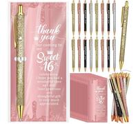 Kklolai 16 Sets Sweet 16th Birthday Gifts for Girls Pink Glitter Happy Sixteen Ballpoint Pens with Thank You Cards Opp Bags Cute Favours for Coming to 16 Year Party Supplies