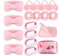 Kklolai 20 Pcs Spa Sleepover Party Supplies for Girls 4 Bow Facial Headband 4 Pink Plush Sleep Eye Mask 4 Velvet Scrunchies 4 Makeup Remover Cloth 4 Clear Cosmetic Bags for Women Slumber (Light Pink)