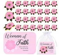 Kklolai 25 Sets Christian Appreciation Flower Pins for Women Religious Woman of Faith Gifts Thank You Enamel Lapel Brooch Pink Inspirational Cards Organza Bags Bulk for Church Mother's Day Favors