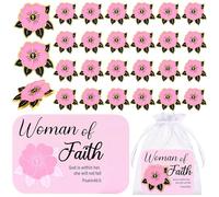 Kklolai 25 Sets Christian Gifts for Women Religious Woman of Faith Pins Flower Enamel Lapel Brooch Pink Inspirational Cards Organza Bags Bulk for Church Mother's Day International Womens Day Favors