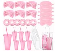 Kklolai 30 Pcs Sleepover Spa Party Supplies for Girls 6 Pink Plush Sleep Eye Mask 6 Make Up Headband 6 Cute Women Scrunchies 6 Reusable Glitter Cups 6 Clear Cosmetic Bags for Pamper Slumber Favours