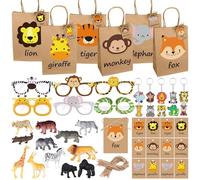 Kklolai 48 Pcs Animals Jungle Party Favours Tote Goodie Bag Fillers Paper Glasses Animal Figure Silicone Keychain Mini cards Hemp Rope Gifts for Kids Animal Birthday Baby Shower Party Supplies
