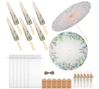Kklolai 6 Sets 60cm Wedding Paper Parasol Umbrellas Set Thank You Cards White Drawstring Bag Favors Eucalyptus Leaf Chinese Japanese DIY Oiled Paper Umbrella for Photography Props Bridal Tea Party