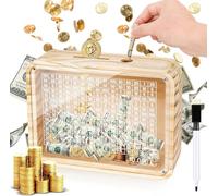Kkluno £10,000 Cash Vault Wooden Savings Box, Wooden Money Box, Coin Counter Piggy Bank for Kids Adults, Money Box with Clear Panel, Reusable Cash Saver Box with Money Target and Numbers