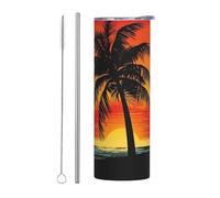 KKLWEGU 20oz Skinny Tumbler, Stainless Steel Insulated Travel Tumblers With Lid And Straw Leakproof Travel Coffee Mug Sunset Palm Tree Drink Tumbler Cups Gifts For Women Men Lovers