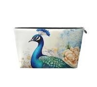 KKLWEGU Beautiful Peacock And Floral Cosmetic Bag Pu Leather Waterproof Makeup Bag Portable Travel Toiletry Bag Organizer Gold Zipper Pouch For Women Ladies Gift, Silver, One Size