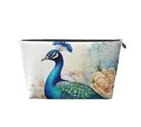 KKLWEGU Beautiful Peacock And Floral Cosmetic Bag Pu Leather Waterproof Makeup Bag Portable Travel Toiletry Bag Organizer Gold Zipper Pouch For Women Ladies Gift, Gold, One Size