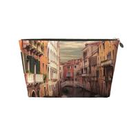 KKLWEGU Beautiful Venice Canal View Cosmetic Bag Pu Leather Waterproof Makeup Bag Portable Travel Toiletry Bag Organizer Gold Zipper Pouch For Women Ladies Gift, Gold, One Size